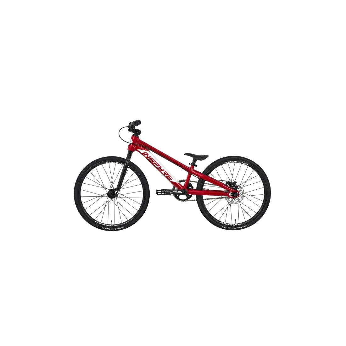 In a side profile view on a white background, the Inspyre EVO Mini Race Bike (2027) is shown in red with black tires, black handlebars, and a black seat. It features an aluminium 6061-T6 frame inspired by the Inspyre EVO race bike, engineered for BMX racing performance and durability.