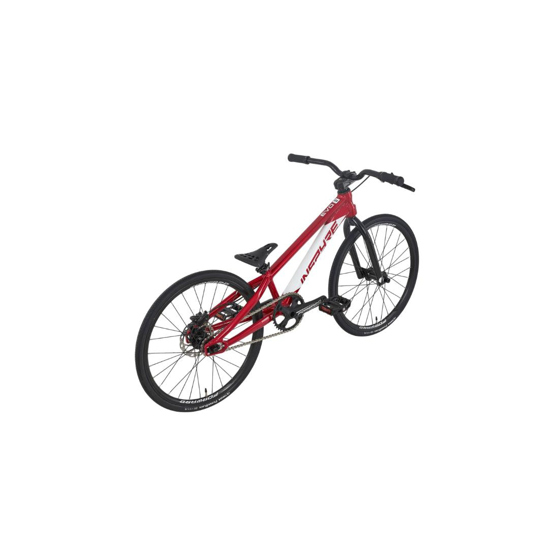 The Inspyre EVO Mini Race Bike (2027) features a red BMX-style design with a lightweight aluminium 6061-T6 frame, flat handlebars, and black wheels, displayed at an angle on a white background—ideal for BMX racing enthusiasts or anyone seeking the classic look of an Inspyre EVO race bike.