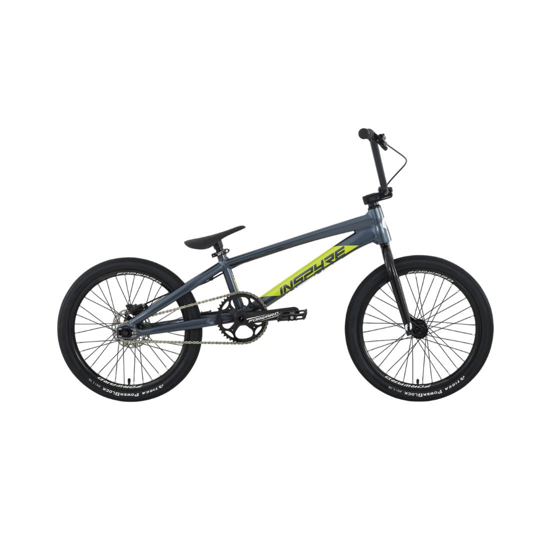 The Inspyre EVO Pro L Race Bike (2027) is shown in gray with black wheels, a black seat, and striking yellow accents against a plain white background. Built from durable aluminium 6061-T6, this bike delivers both performance and style for BMX enthusiasts.