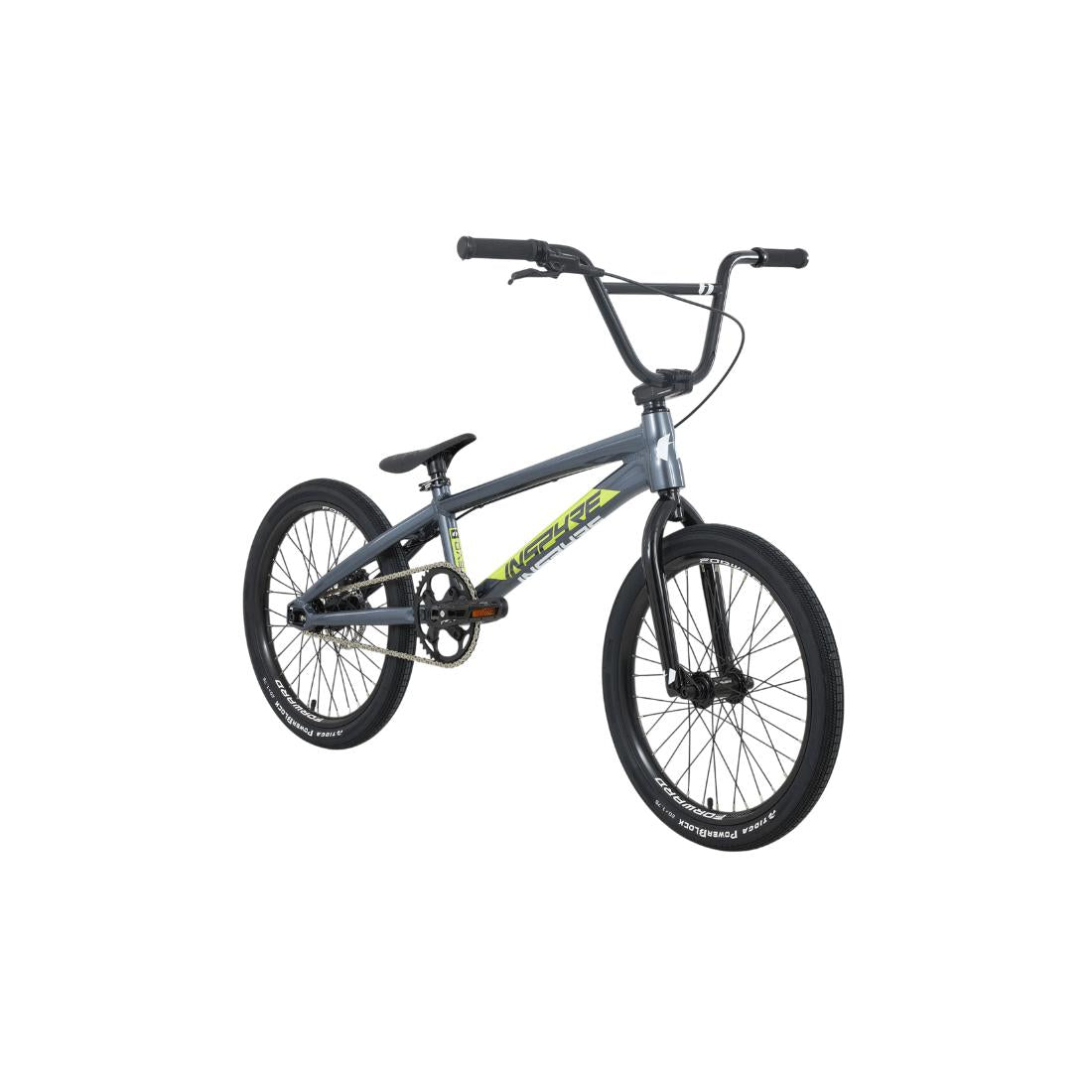 A silver Inspyre EVO Pro L Race Bike (2027) with black handlebars, wheels, and seat is set against a plain white background. The aluminium 6061-T6 frame features yellow and green accents.