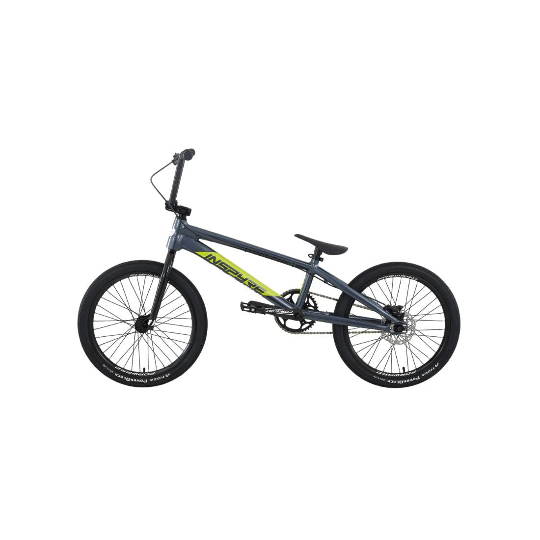 A blue and black Inspyre EVO Pro L Race Bike (2027), made from lightweight aluminium 6061-T6 with a yellow-green accent on the frame, featuring black tires and flat handlebars, is displayed against a plain white background.
