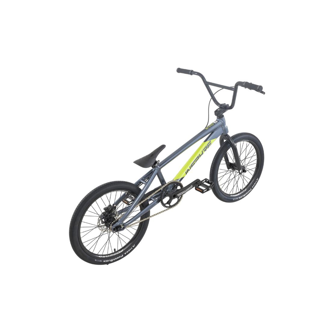 A grey and yellow Inspyre EVO Pro L Race Bike (2027), featuring black handlebars, black wheels, and a black saddle, constructed from lightweight aluminium 6061-T6, is displayed on a plain white background.
