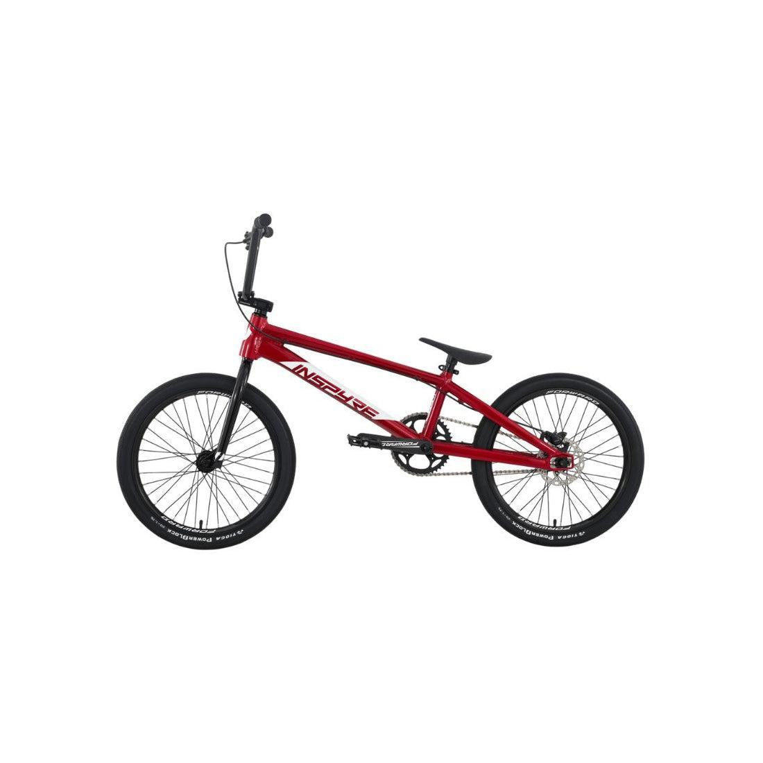 Inspyre EVO Pro L Race Bike (2027) in red with black wheels, a black seat, and straight handlebars is displayed from the side against a white background. Built from lightweight aluminium 6061-T6, this BMX race bike combines high performance and stylish design for riders of all levels.