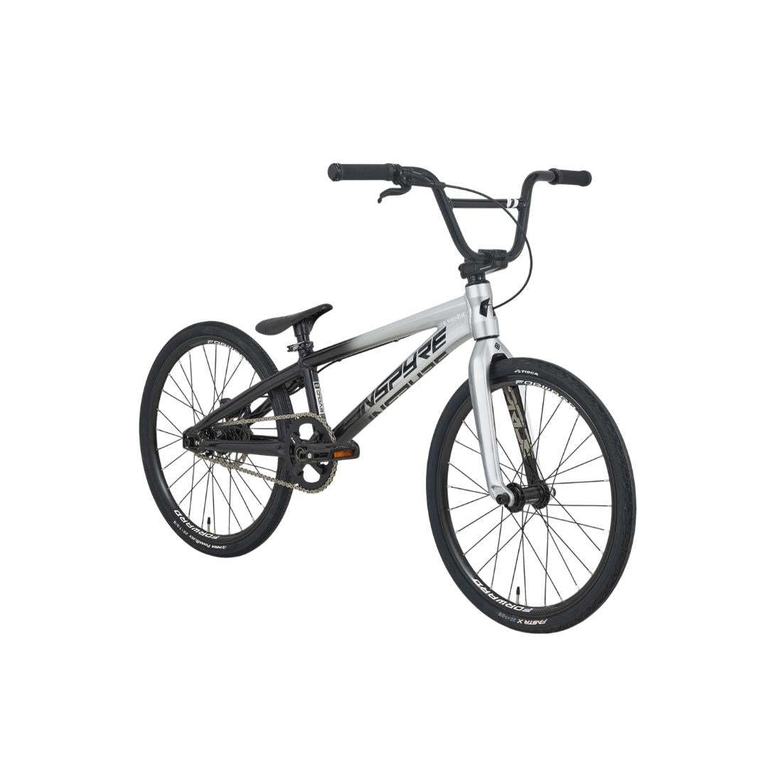 The Inspyre EVO-C Expert Race Bike (2027) is displayed against a plain white background, featuring a black and silver frame, thick tires, a small seat, straight handlebars, and a single gear. Equipped with SD B-85 cranks and a carbon Pride fork, this model combines sleek style with high-performance functionality.