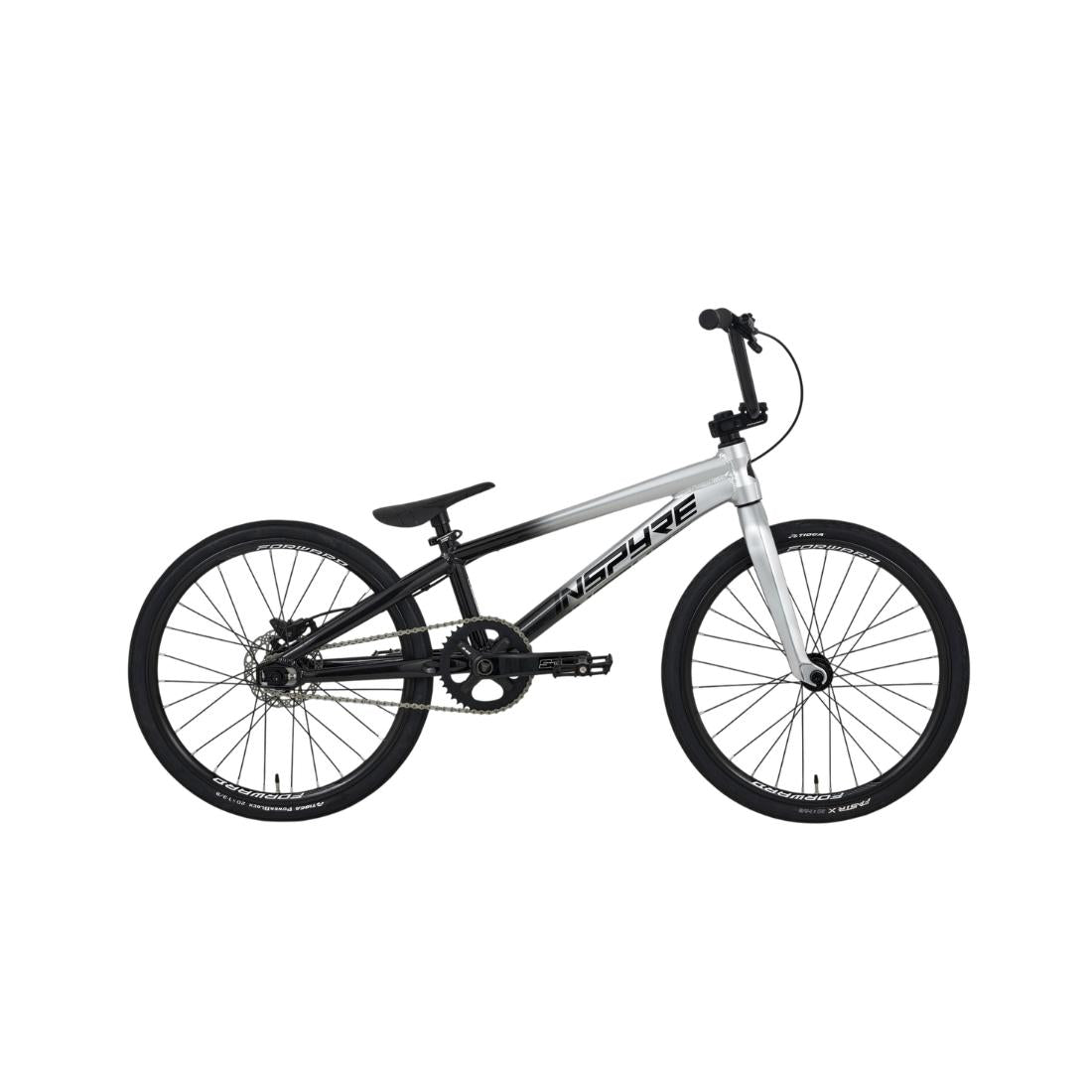 The Inspyre EVO-C Expert Race Bike (2027), a BMX-style bicycle featuring a lightweight frame, SD B-85 cranks, black tires, a carbon Pride fork, and straight handlebars in black and white colors, photographed on a plain white background.