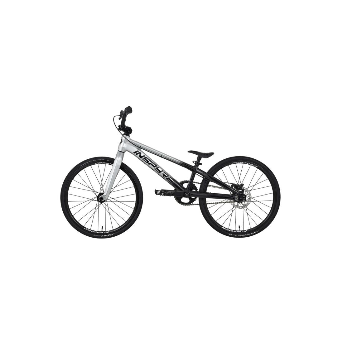 Sure! Here is the sentence rewritten using the given product data: The Inspyre EVO-C Junior Race Bike (2027) is a silver and black BMX bike with a lightweight frame, flat handlebars, and large wheels, featuring SD B-85 cranks, displayed on a plain white background.