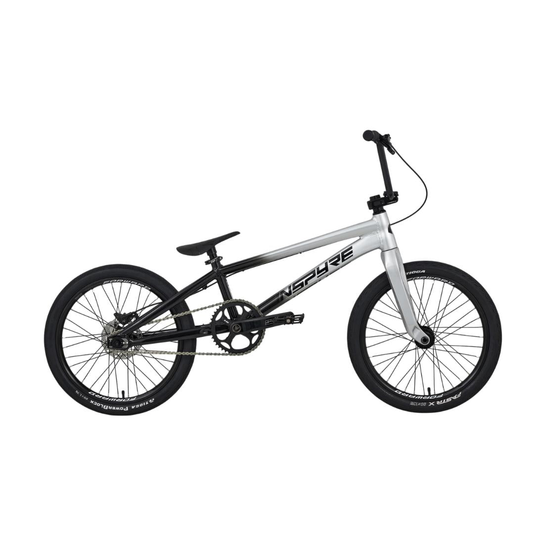 The Inspyre EVO-C Pro L Race Bike (2027) is displayed on a white background, featuring a silver and black BMX design with a straight top tube, black handlebars, and black tires. It comes equipped with SD B-85 cranks and a sleek carbon Pride fork for enhanced performance.