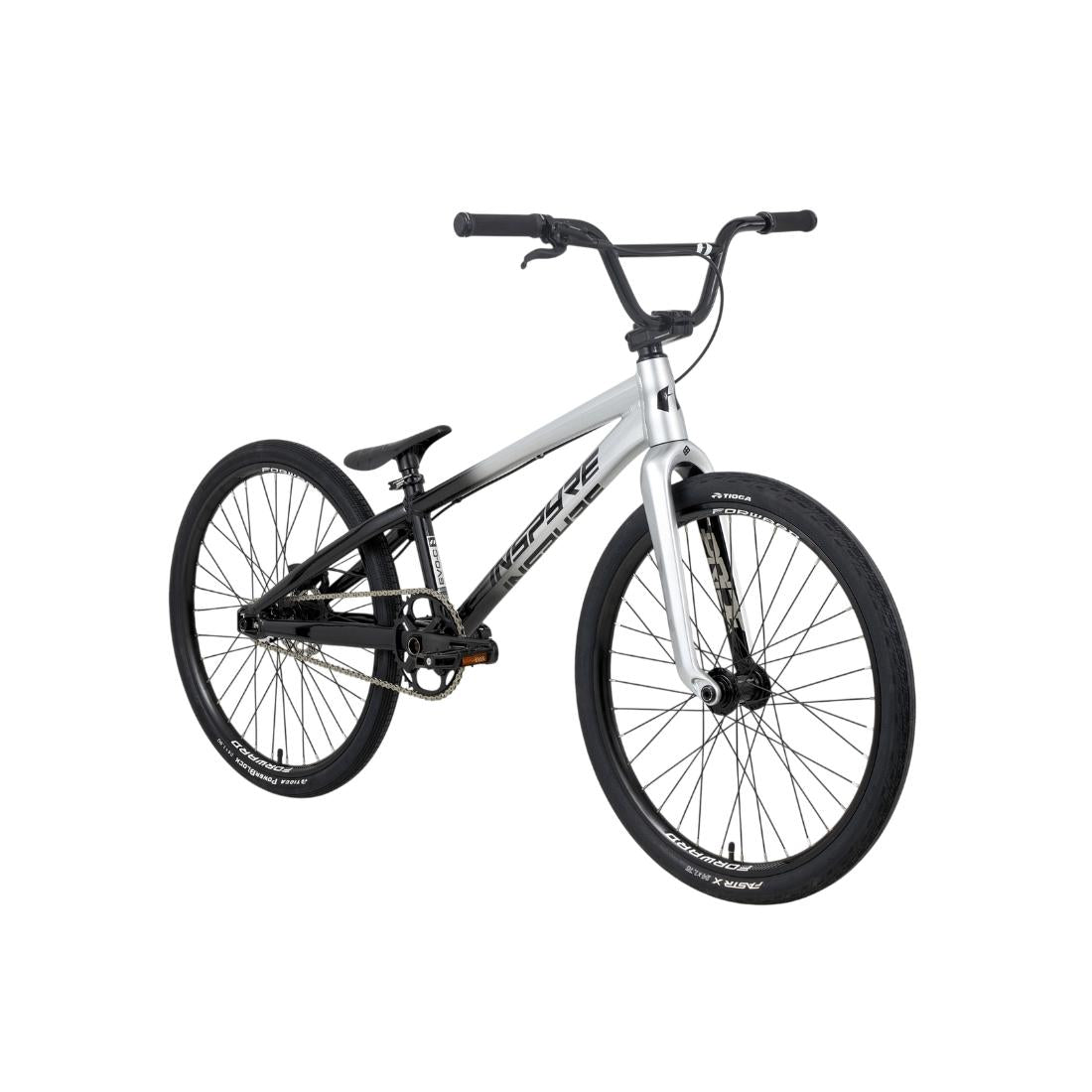 The Inspyre EVO-C Pro Cruiser Race Bike (2027), featuring a silver and black design with flat handlebars, front and rear wheels, a lightweight EVO-C frame, and SD B-85 cranks, is displayed on a plain white background.