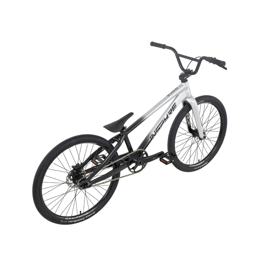 A black and silver Inspyre EVO-C Pro Cruiser Race Bike (2027) with a curved frame, thick tires, and raised handlebars, featuring SD B-85 cranks and a carbon Pride fork, shown against a white background.