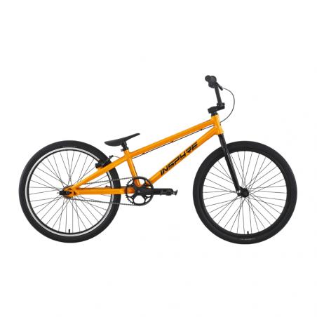Side view of an orange Inspyre Neo Pro Cruiser Race Bike (2027), an entry-level BMX race bike with black tires, a black seat, and black handlebars, featuring a sealed bearing bike design for smoother rides, shown on a white background.