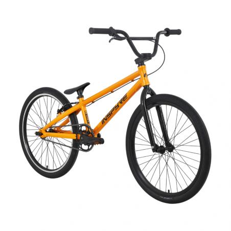 Inspyre Neo Pro Cruiser Race Bike (2027) shown from the front-left side on a white background, featuring an orange BMX-style frame with black handlebars, seat, tires, and pedals. This entry-level race bike is equipped with durable components, making it perfect for newcomers to BMX racing.