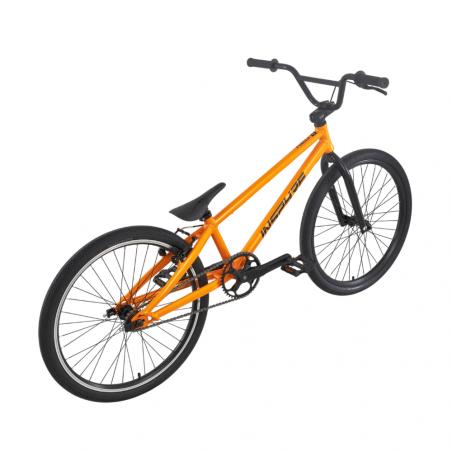 Inspyre Neo Pro Cruiser Race Bike (2027) shown in orange with black handlebars, seat, and tires, viewed from a rear side angle on a white background. This entry-level BMX race bike is ideal for riders who are looking to start their journey in BMX racing.
