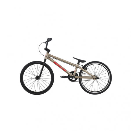 A tan Inspyre Neo Expert Race Bike (2027) with black tires, a black seat, and red detailing is shown in profile on a plain white background—an ideal entry level race bike for new riders.