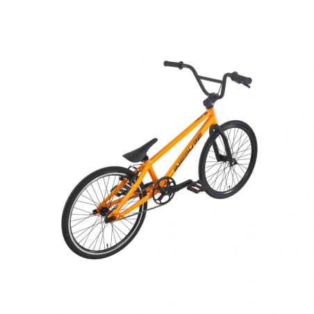 Inspyre Neo Expert Race Bike (2027) in orange, featuring black handlebars, seat, pedals, and tires, seen from an angled top view on a plain white background—an ideal entry-level race bike for new riders.