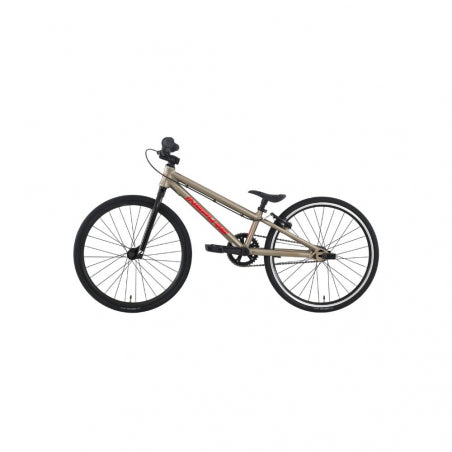 The Inspyre Neo Micro Race Bike (2027), a beige and black youth-sized bicycle with an 18-inch wheel micro design, featuring front and rear wheels, pedals, handlebars, and a black saddle, is shown against a white background.