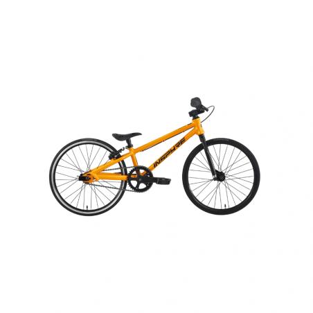 Photographed from the side against a white background, the orange Inspyre Neo Micro Race Bike (2027) for kids features a lightweight frame, flat handlebars, black seat, and black wheels. Inspired by the Inspyre Neo race bike design, this entry-level BMX race bike offers 18-inch wheel micro sizing for young riders new to BMX racing.