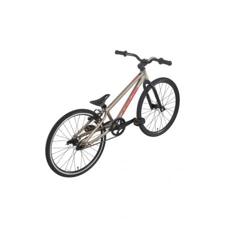 The Inspyre Neo Mini Race Bike (2027) is a silver BMX-style bike featuring black tires, a black seat, and straight handlebars, shown against a white background—making it an ideal entry-level race bike for beginner riders.