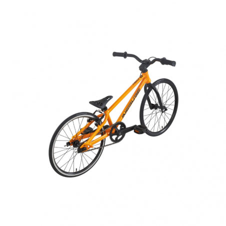 The Inspyre Neo Mini Race Bike (2027), an orange entry-level race bike for children featuring a black seat, handlebars, and tires, is displayed against a white background.