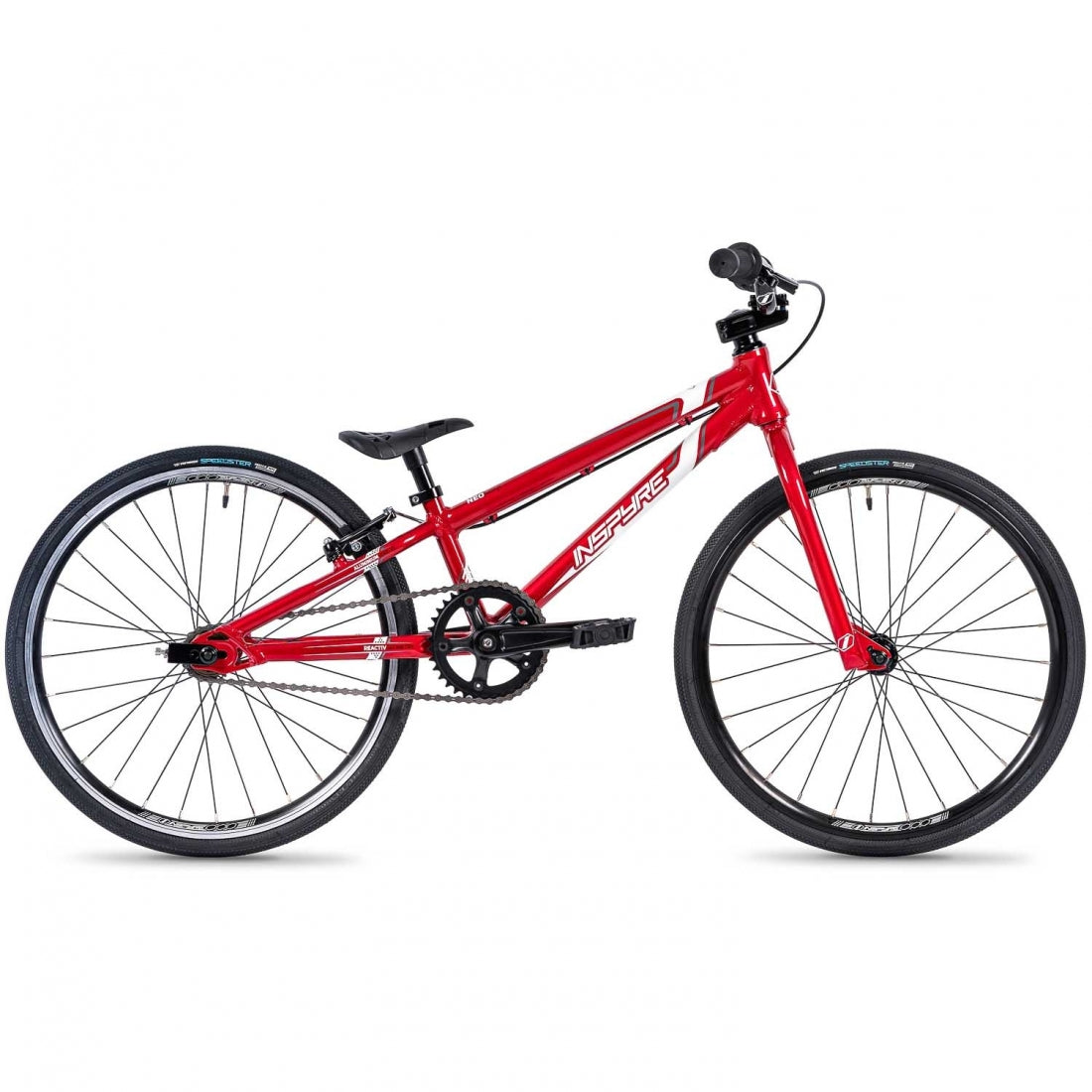 Red entry-level Inspyre Neo Mini BMX race bike against a white background.