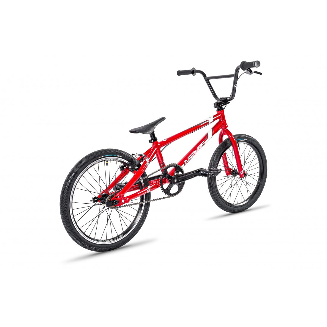 Red Inspyre Neo Pro BMX race bike isolated on a white background.