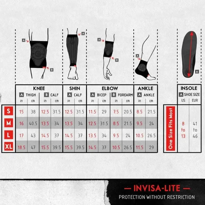 Sizing chart for Shadow Conspiracy Invisa-Lite Shin Pads (Pair) includes measurements for knee, shin, elbow, ankle, and insole in sizes S-XL, with diagrams showing how to measure each area for a proper fit.