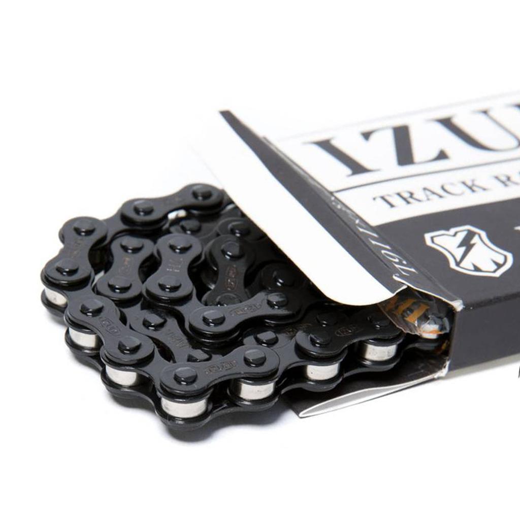 A close-up of a black Izumi Mash Chain, designed for track bikes, partially pulled out from a branded box labeled "IZUMI TRACK RACING.