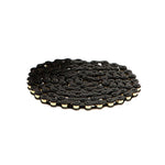The Izumi Mash Chain features black outer plates and gold inner links, perfect for fixed gear bikes, shown coiled on a white background.