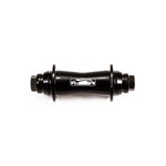 A side view of the Animal Javelin Front Hub in black, displaying a center logo, chromoly female axle, and detailed 7075 aluminium flanges, all set against a white background.