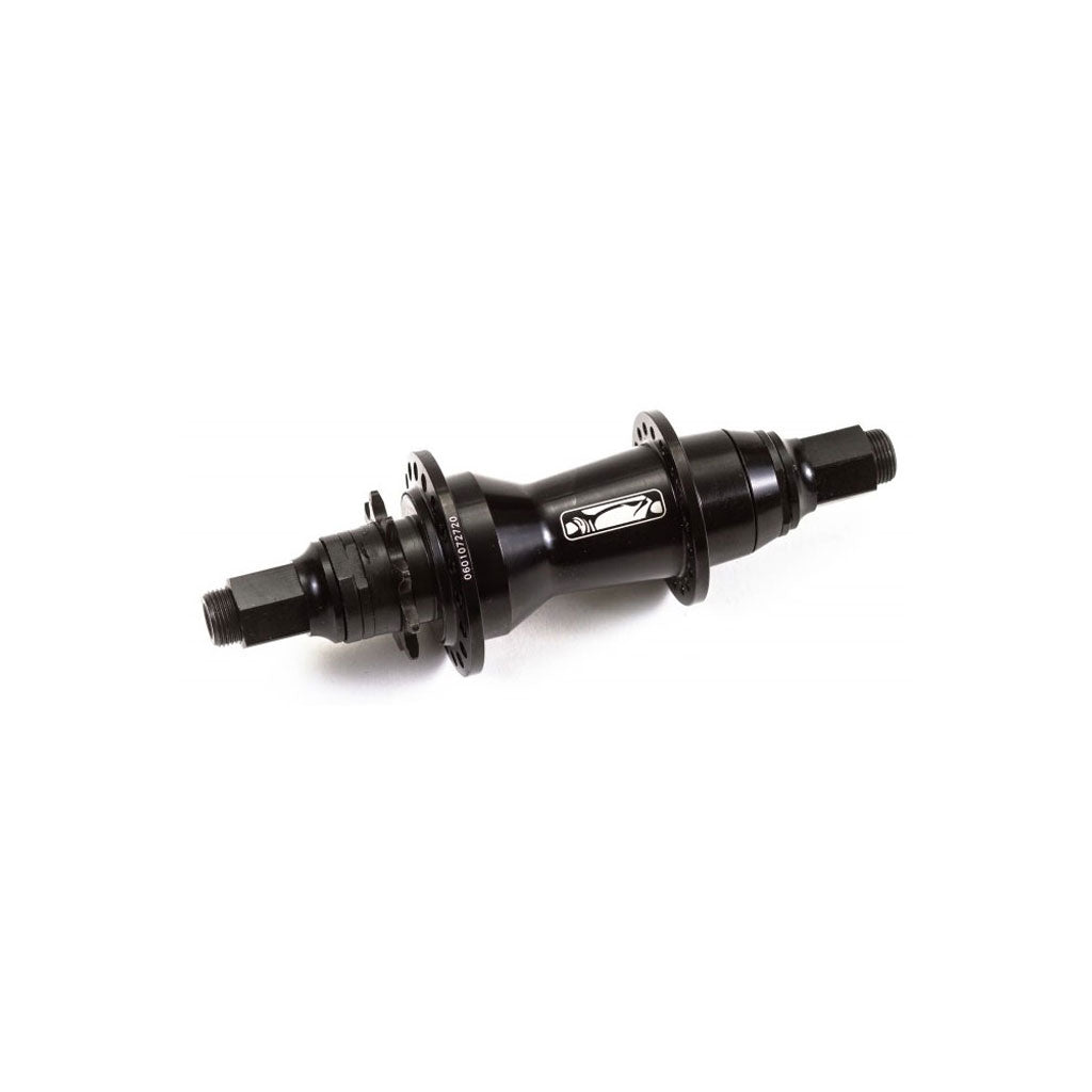 The Animal Javelin Cassette Hub is a black BMX hub with spoke flanges, a 9T driver, threaded axle ends, and a metallic logo plate on the shell, displayed against a white background.