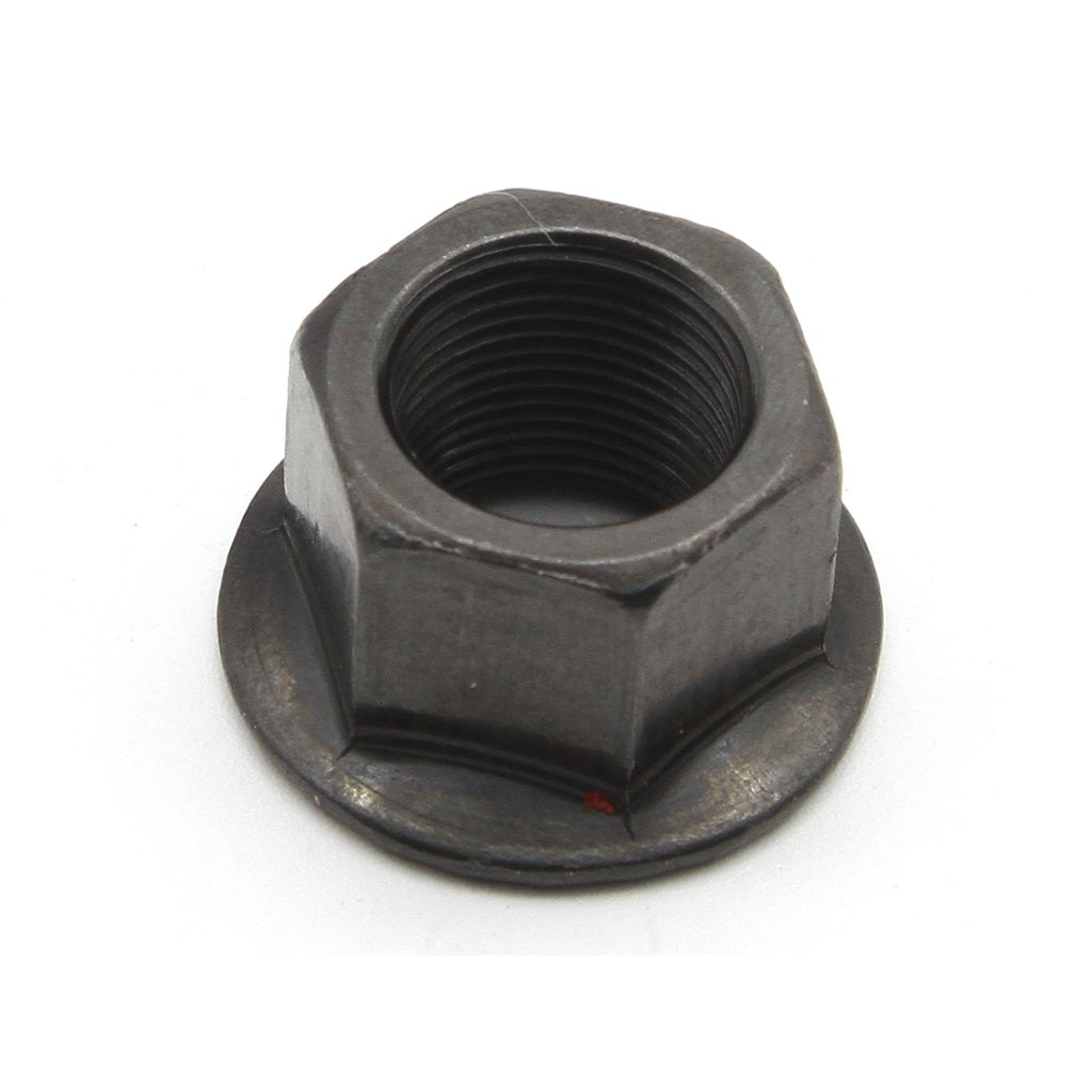 A close-up of a Joytech Flanged Steel Axle Nut Metric (each), chrome-plated with a hexagonal shape and flanged base, resting on a white background.