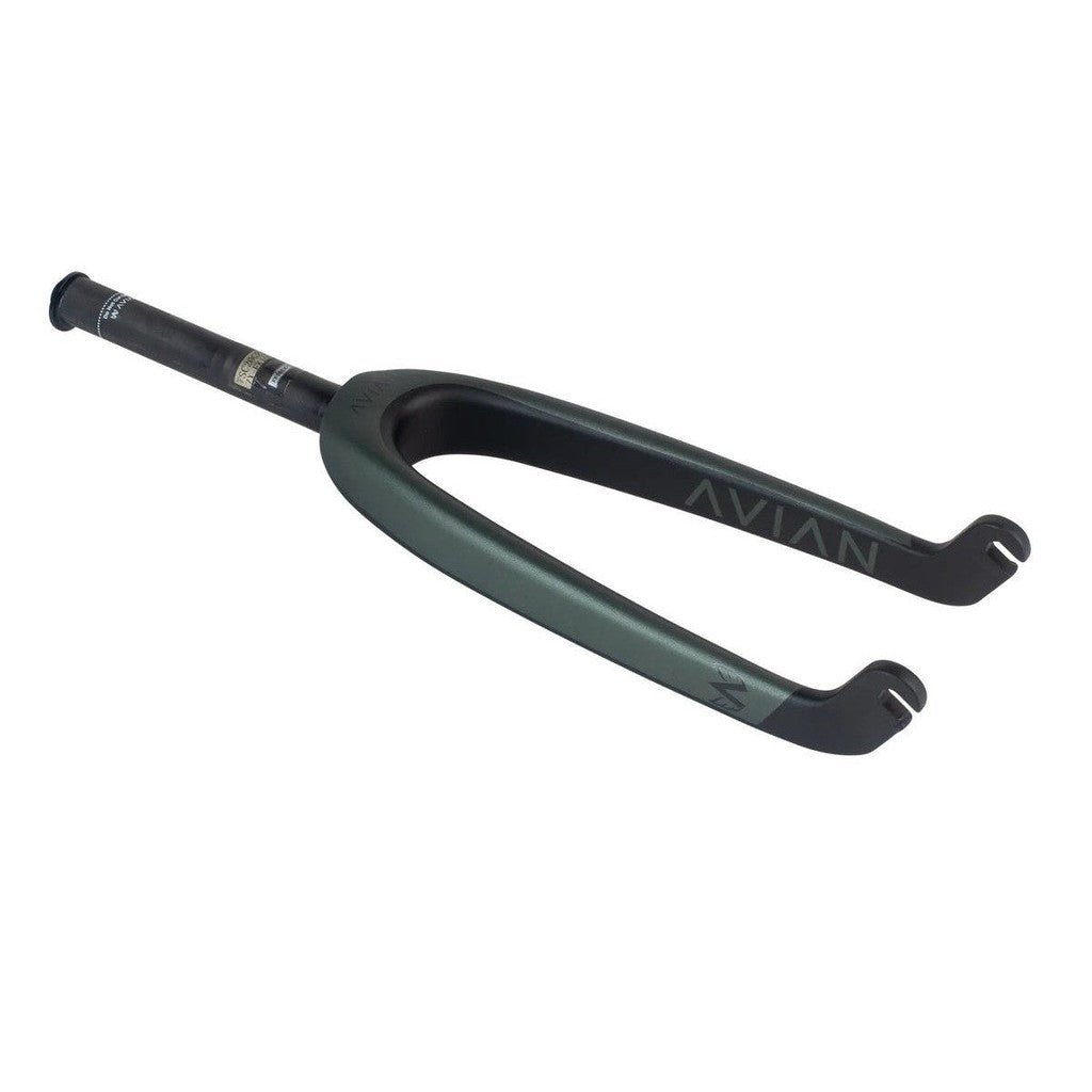 The Avian Versus Youth 20 Inch 10mm Carbon Fork is showcased in a close-up view, highlighting its black and green design with the "AVIAN" brand logo prominently displayed. This BMX race fork is engineered for lightweight performance and includes an innovative internal locking system to enhance functionality.