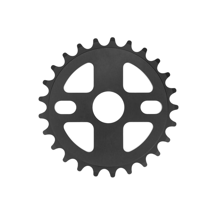 The Kink Imprint Sprocket, CNC machined from durable 7075-T6 aluminum, is black with a central hole and 24 teeth on a white background.