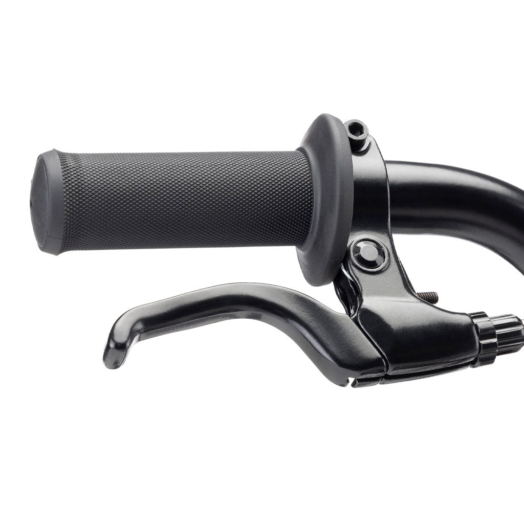 Close-up of a BMX handlebar with a textured black grip and attached brake lever, perfect for young riders using the Kink Pump 14 Inch Bike (2025).