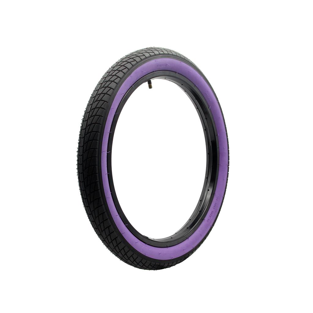 The DRS Gripper 20 Inch Tyre features a black tread with a purple sidewall, shown upright on a white background—an affordable choice for BMX riders seeking both style and performance.