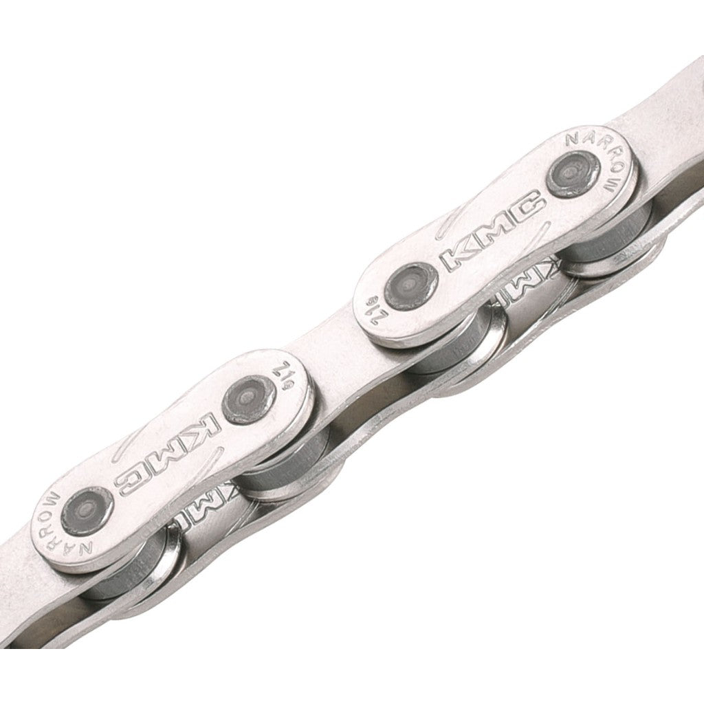 Close-up of a KMC Z1 eHX Race Chain on a white background.