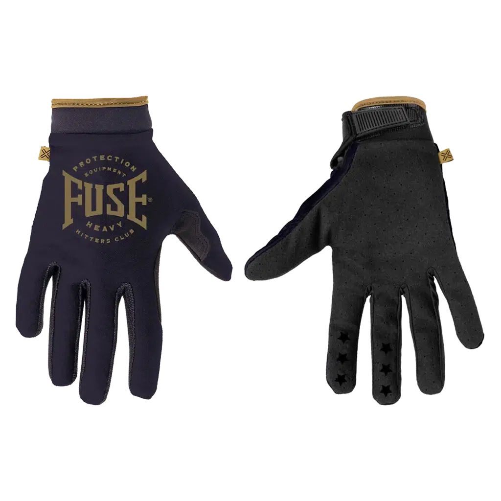 A pair of Fuse Chroma K/O gloves with the word fuse on them.