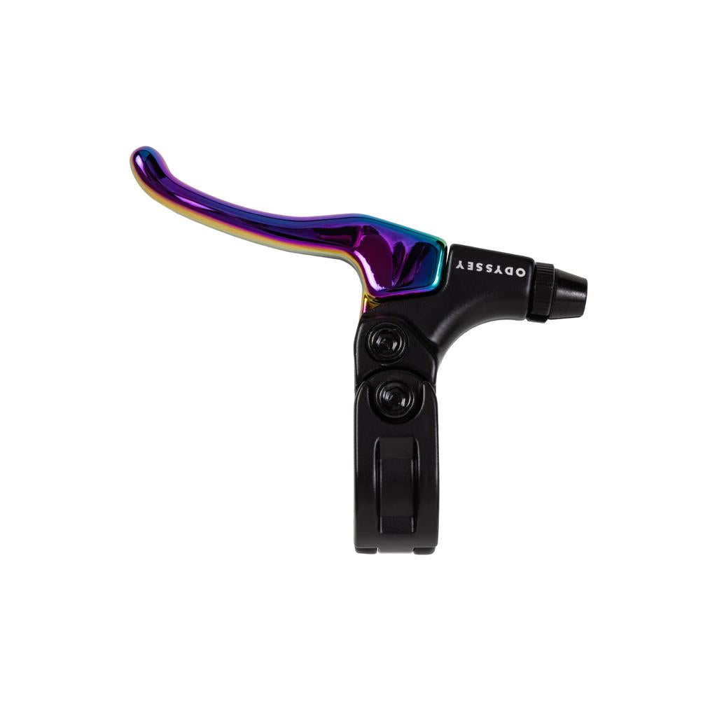 The Odyssey Monolever Medium Lever features a metal, rainbow-iridescent handle and a black hinged clamp base. This pro-rider favorite bicycle brake lever is displayed against a white background.