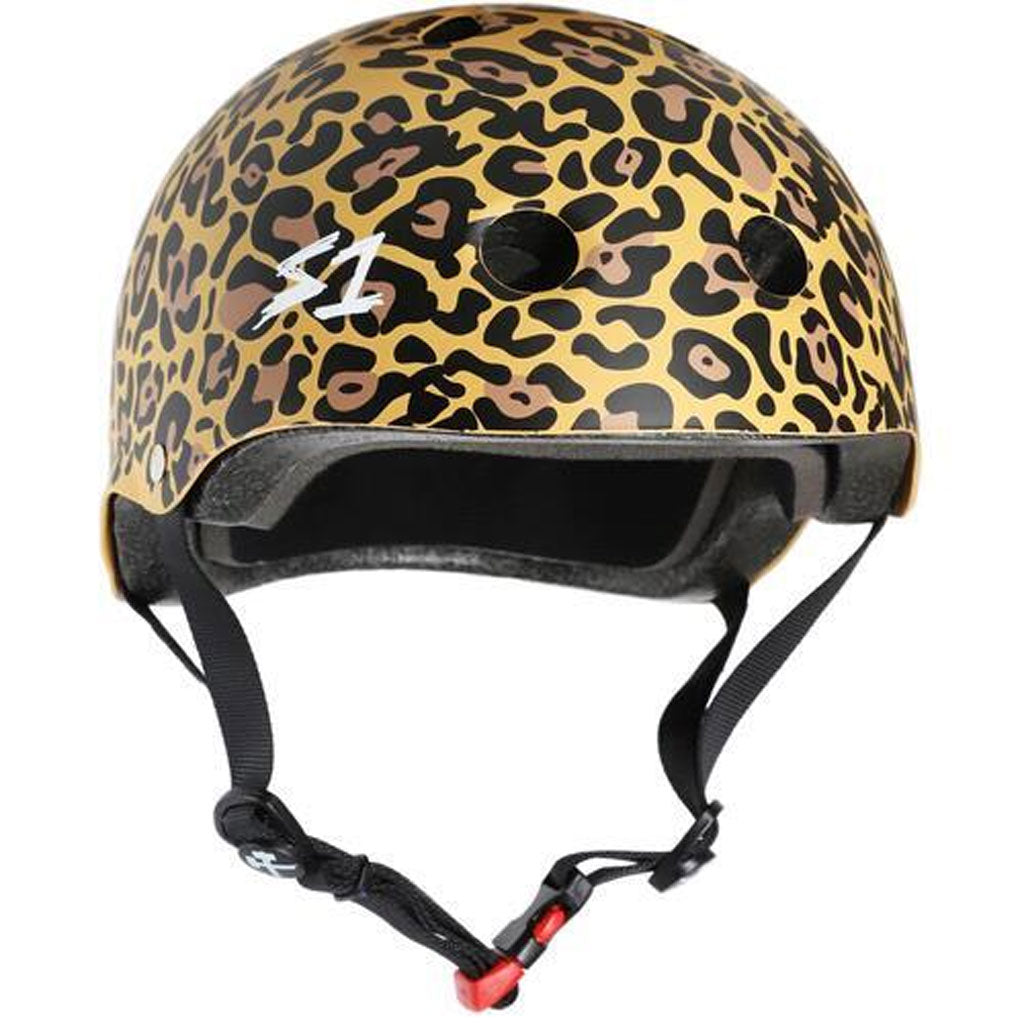 S-One Helmet Mini Lifer Leopard Print, featuring certified multiple impact protection and an adjustable chin strap.
