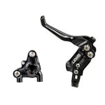 Black Lewis LV2 Flat Mount Disc Brake (BMX Edition) lever set with silver screws; ultralight due to CNC machining. The extended lever and separate caliper are displayed in the image.