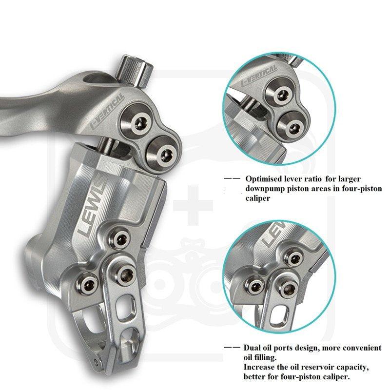 Close-up of a Lewis LV2 Post Mount Disc Brake lever and caliper highlighting its technical features like dual oil ports and optimized lever ratio.