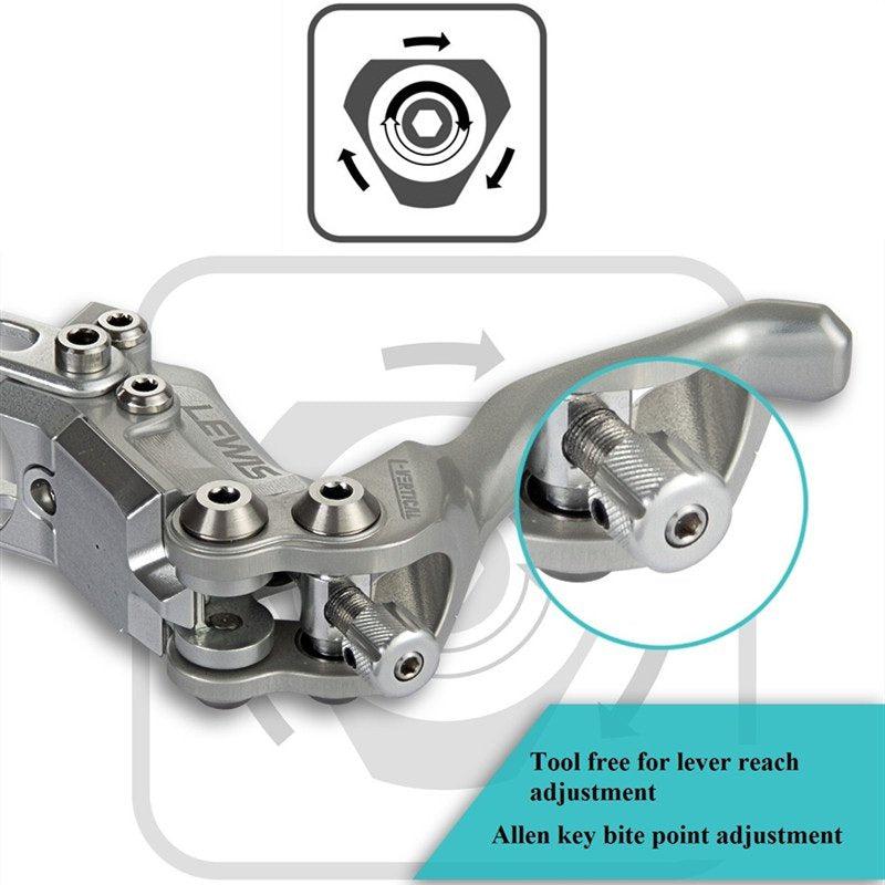 Close-up of a Lewis LV2 Post Mount Disc Brake lever with annotations highlighting features for tool-free lever reach and allen key bite point adjustment.