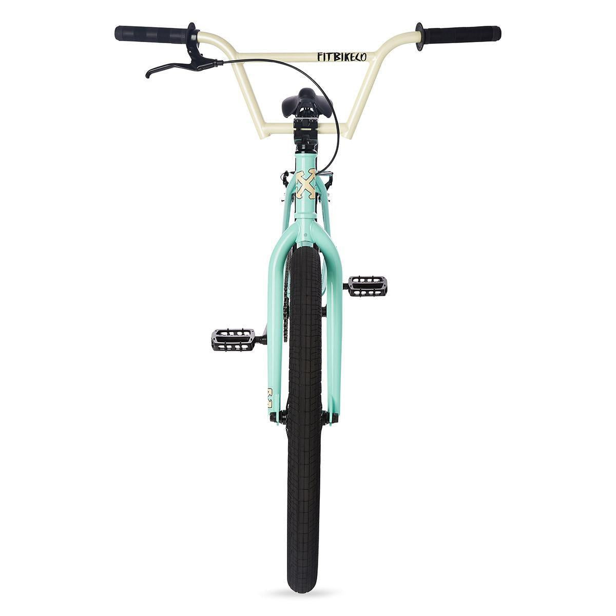 Front view of the Fit CR26 Inch Bike, showcasing a light blue cr-mo frame, beige handlebars, black seat, and black pedals.