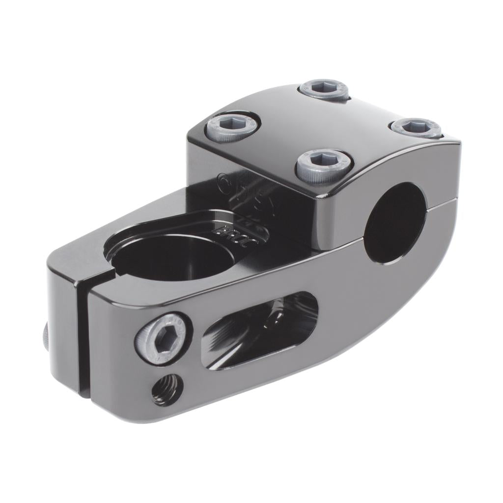 The Odyssey Broc Raiford V2 Stem is a matte black metal top load BMX stem with four top bolts, one side bolt, and a clamping area for handlebar grip plus a fork attachment hole.
