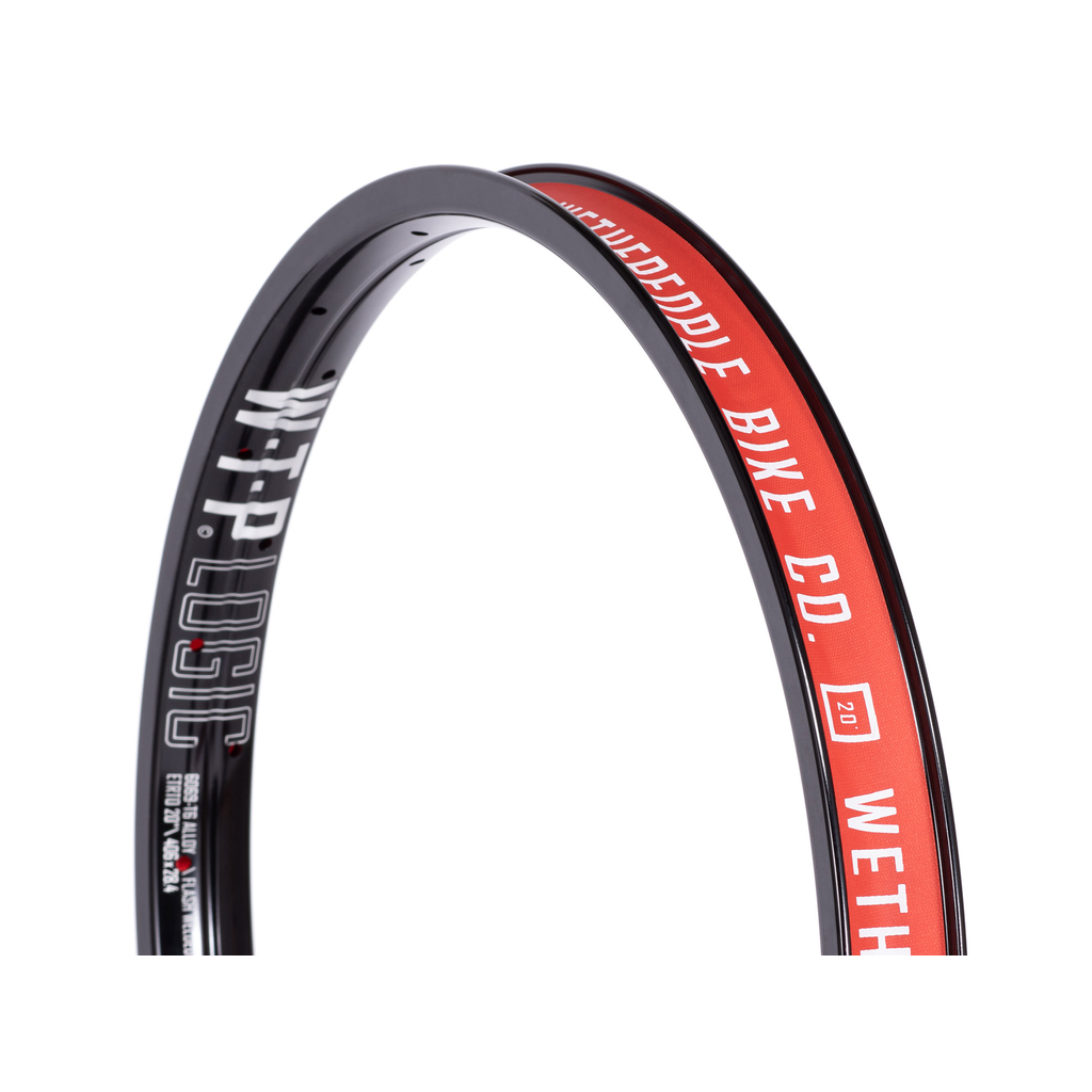 A Wethepeople Logic 20 Inch Rim constructed with red writing on it.