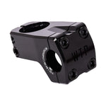 The WeThePeople Logic Front Load Stem is a black BMX stem with "WTP" engraving, six hex bolts, a matte finish, and CNC machining. It features Shark Tooth Clamping for extra grip and is shown on a white background.