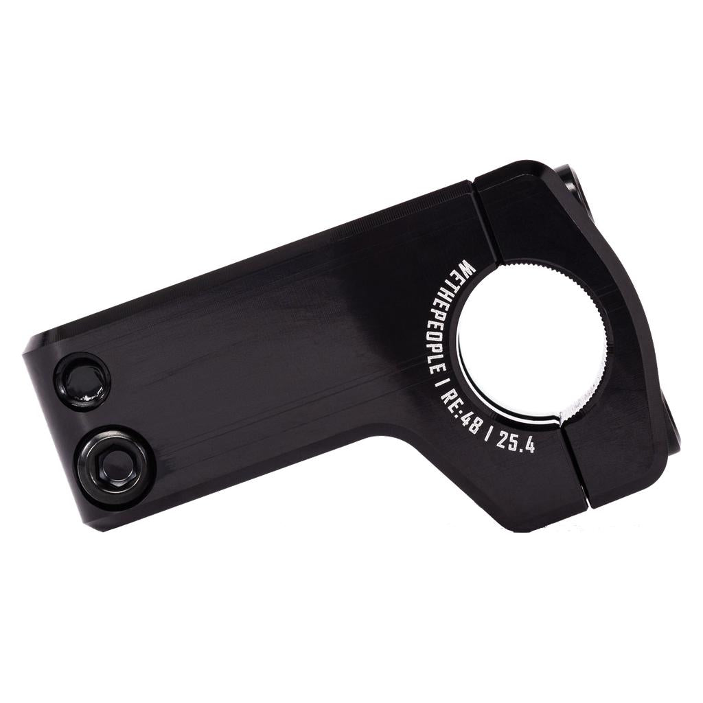 The WeThePeople Logic Front Load Stem is a black CNC-machined BMX stem with white branding, 48/25.4mm sizing, and Shark Tooth Clamping for a secure handlebar grip.