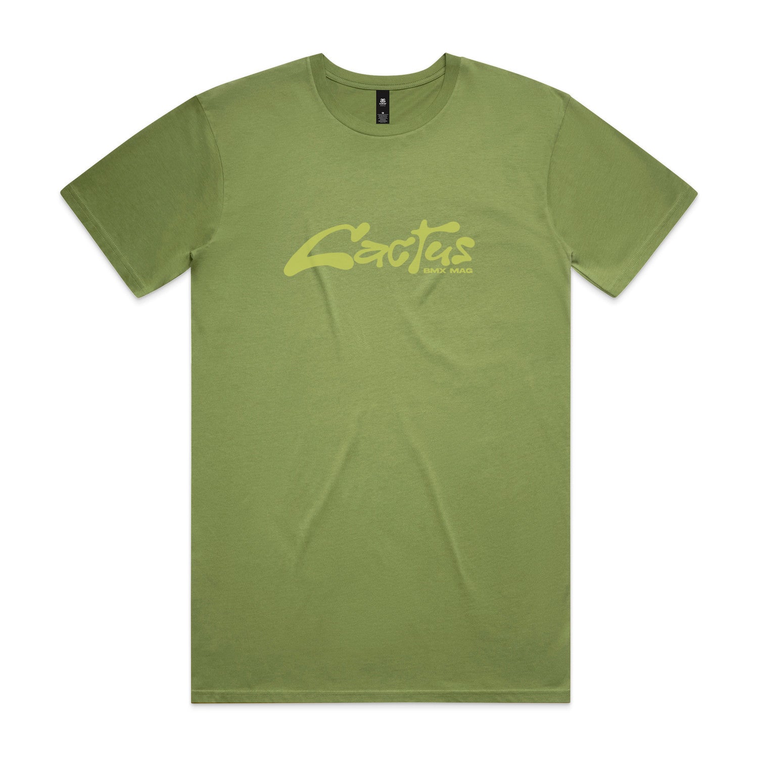 Olive green Cactus BMX Mag Logo T-Shirt featuring bold yellow “Cactus” across the chest—a must-have cotton tee for Cactus BMX Mag fans.