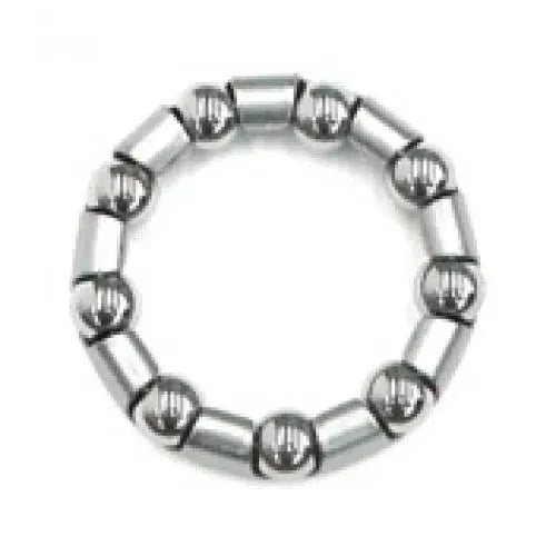 A silver ring comprising cylindrical and spherical beads intricately connected to form a circular pattern, reminiscent of the design of a Loose Ball 1-Piece Bottom Bracket Bearing Cage.