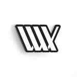 The LUXBMX Flag Sticker showcases a sleek and modern logo with the letters "WX" in a bold, black and white stylized font on a plain background, crafted using waterproof holographic vinyl.