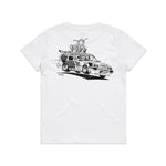 A LUXBMX Izaac X Rico Kids Tee with a hand-drawn print of a car.